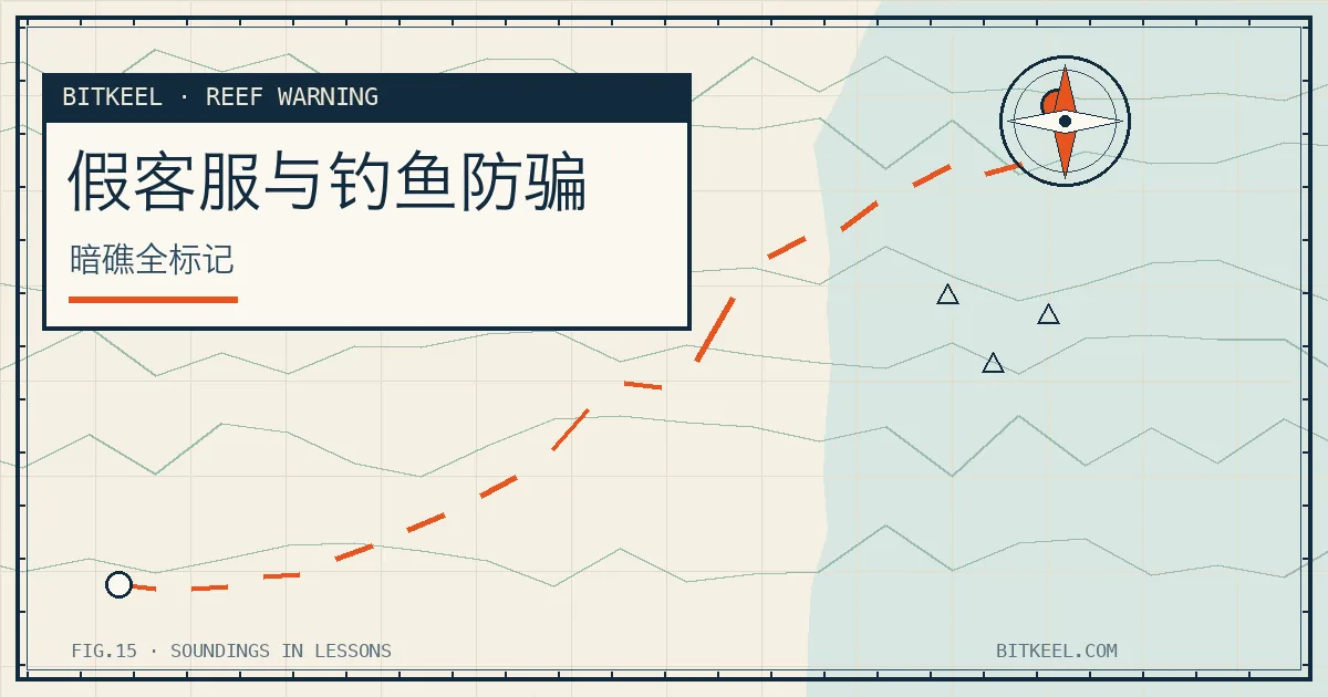 币圈防骗示意:海图上标注的伪装灯塔与暗礁,象征假客服与钓鱼网站陷阱