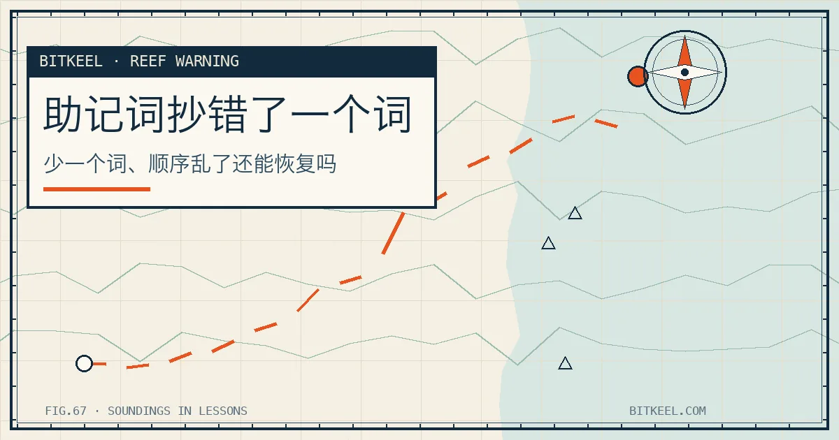 BITKEEL 海图风封面:标题「助记词抄错了一个词」,副标题「少一个词、顺序乱了还能恢复吗」,角标 REEF WARNING,底部标注 FIG.67