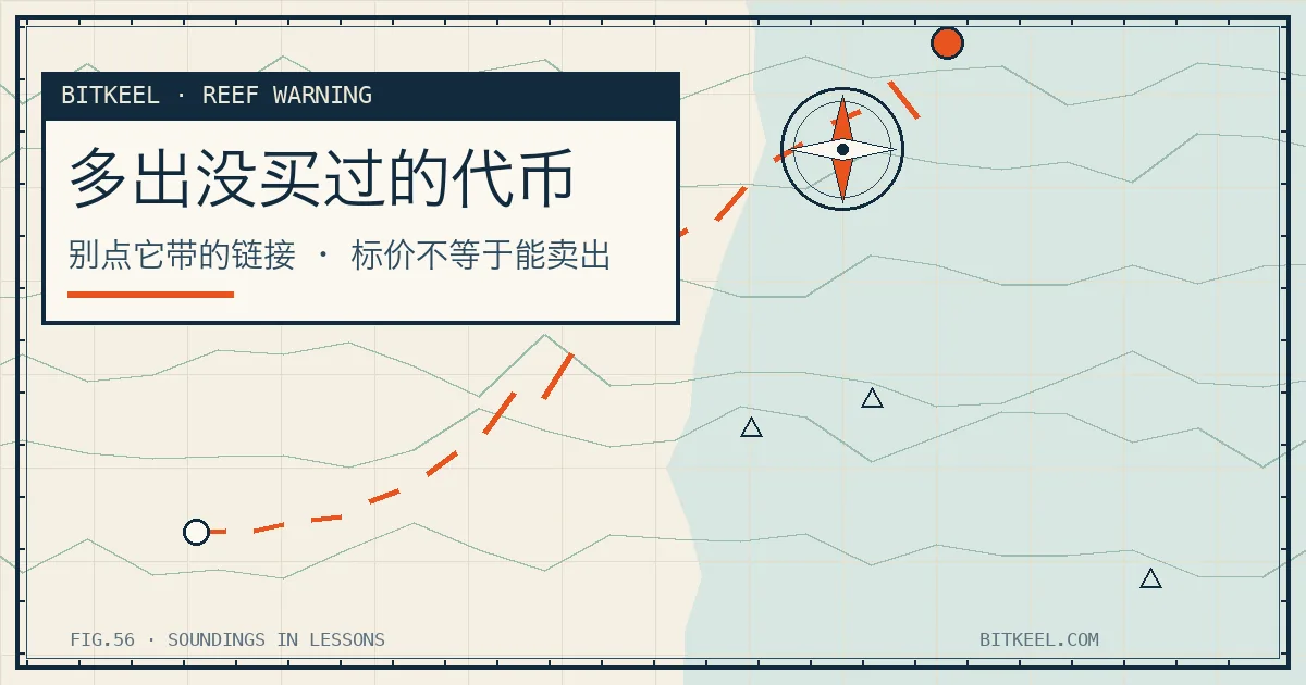 BITKEEL 海图风封面:标题「多出没买过的代币」,副标题「别点它带的链接 · 标价不等于能卖出」,角标 REEF WARNING