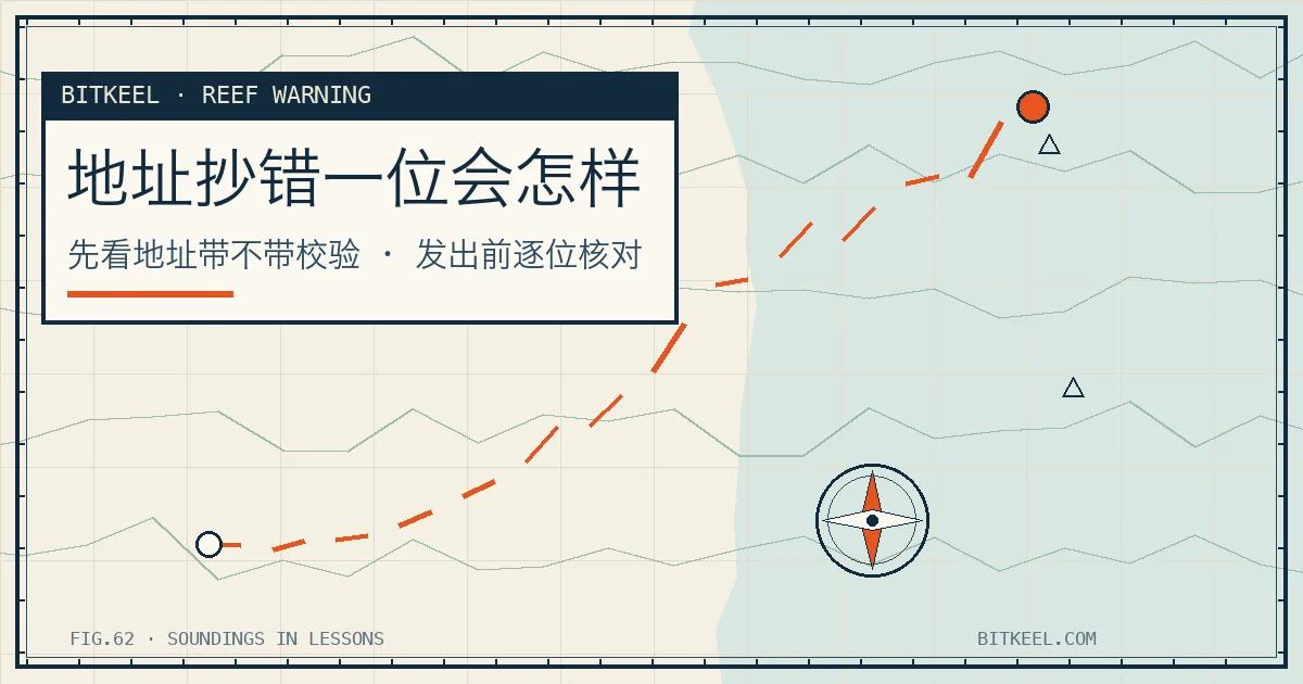 BITKEEL 海图风封面:标题「地址抄错一位会怎样」,副标题「先看地址带不带校验 · 发出前逐位核对」,角标 REEF WARNING