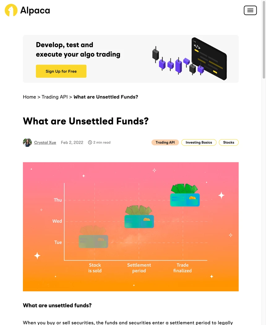 Alpaca 官网 What are Unsettled Funds 文章页:橙色示意图从左到右画出 Stock is sold、Settlement period、Trade finalized 三个阶段