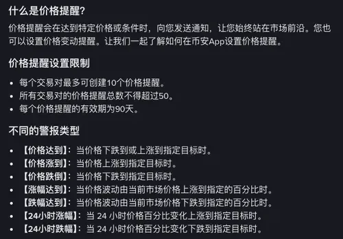 币安帮助中心价格提醒页面的两段列表:设置限制三条为每个交易对最多 10 个、总数不得超过 50、有效期 90 天,下面是七种警报类型的名称和触发条件