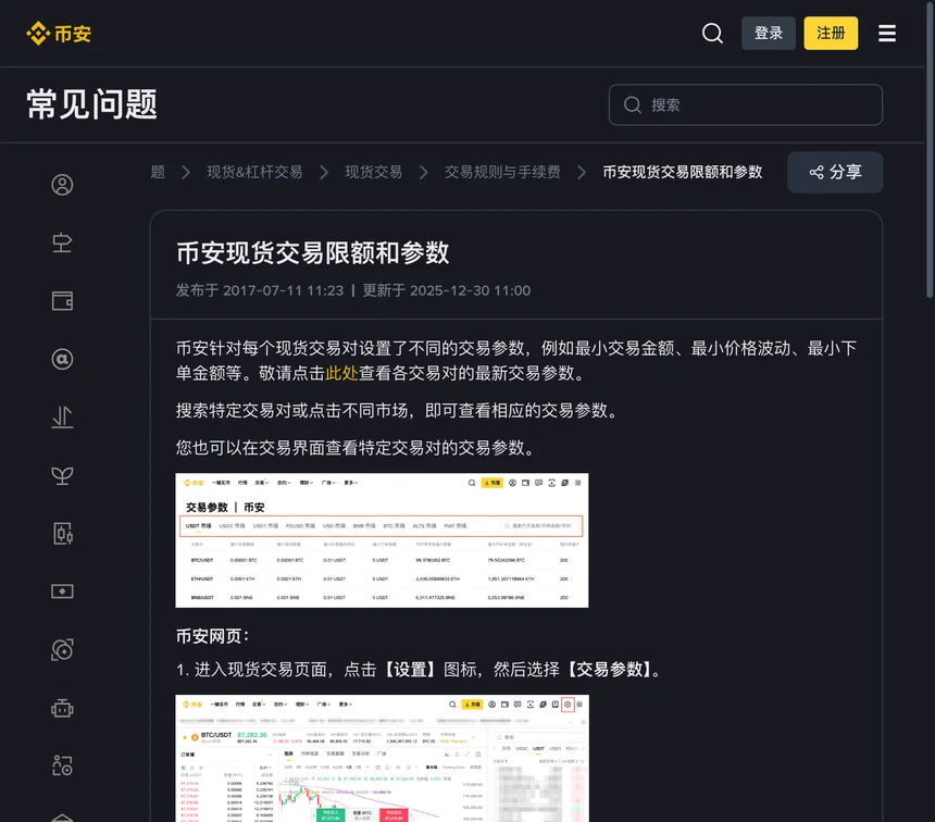 币安帮助中心《币安现货交易限额和参数》页面首屏:标题下是发布与更新日期和三段说明,中间嵌着交易参数表示例图(BTC/USDT、ETH/USDT、BNB/USDT 三行),下方是网页端进入【交易参数】的第一步