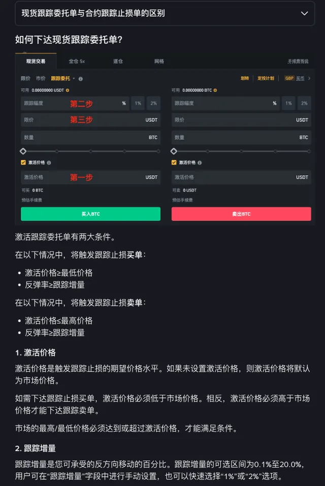 币安帮助中心「如何使用现货跟踪委托单」页面截图:上半部分是现货交易下单面板示意图,选中跟踪委托,红字把激活价格标为第一步、跟踪幅度标为第二步、限价标为第三步,跟踪幅度一格旁边有 1% 和 2% 按钮;下半部分是触发跟踪止损买单与卖单的两个条件,以及激活价格、跟踪增量的文字说明,写着跟踪增量的可选区间为0.1%至20.0%