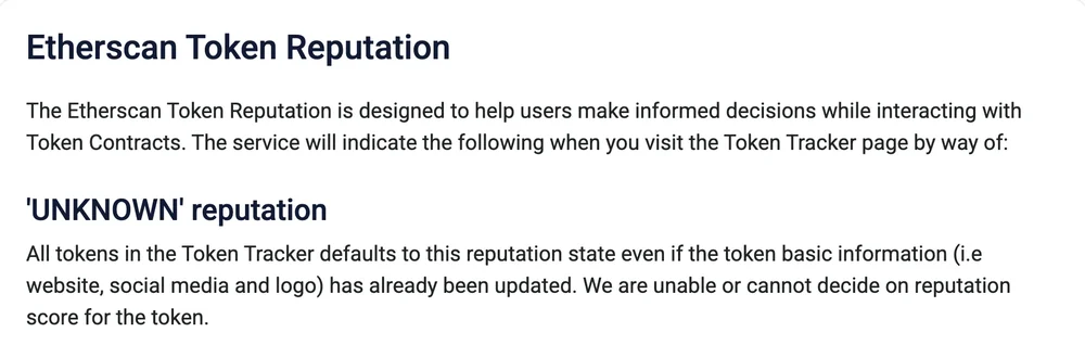 Etherscan 信息中心 Etherscan Token Reputation 页面的截图:标题下是一句英文导语,接着是小标题 'UNKNOWN' reputation 和一段说明,写着 All tokens in the Token Tracker defaults to this reputation state